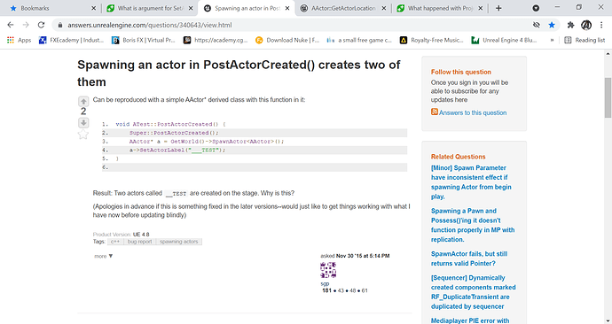 Spawning an actor in PostActorCreated() creates two of them - UE4 AnswerHub - Google Chrome 20_08_2021 18_23_19
