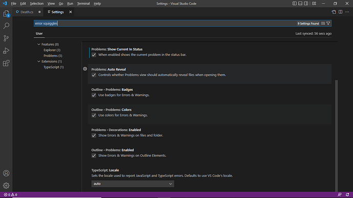 Cannot locate Error Squiggle Settings in VSCode - Ask - GameDev.tv