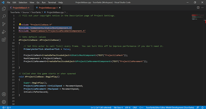 ProjectileBase.cpp - ToonTanks (Workspace) - Visual Studio Code 17_08_2021 17_34_19