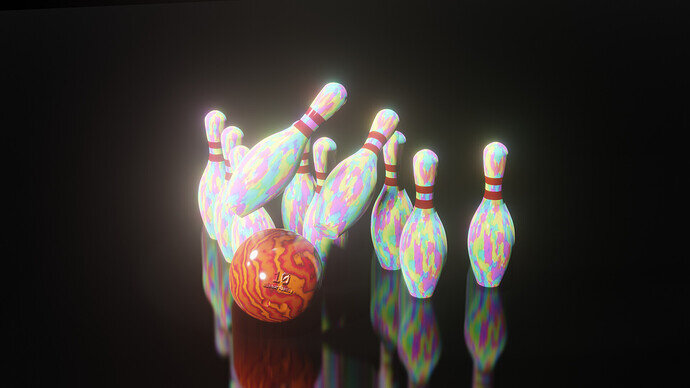 some bowling pins with reflections