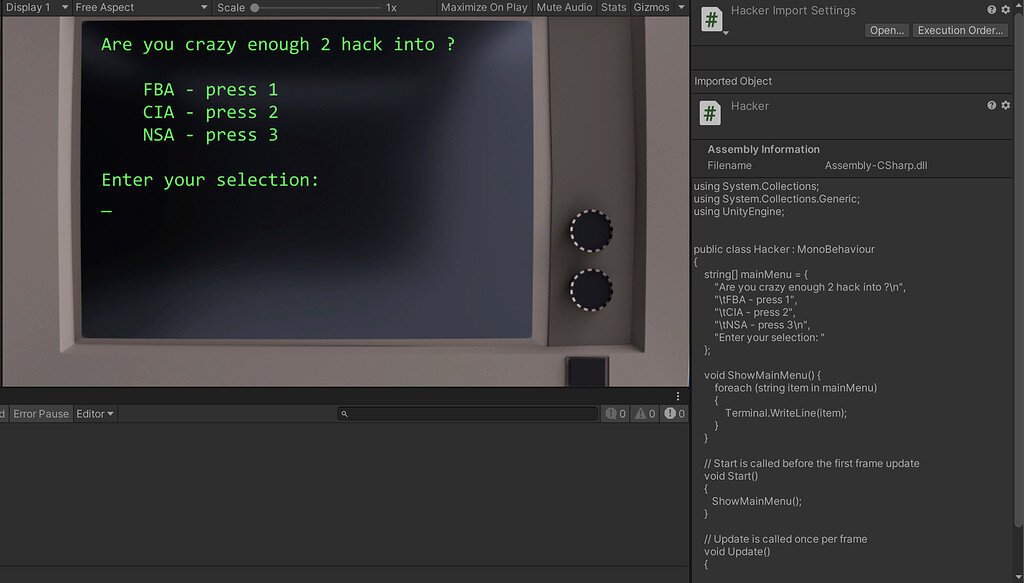 Terminal Hacker menu and c# code - Show - GameDev.tv