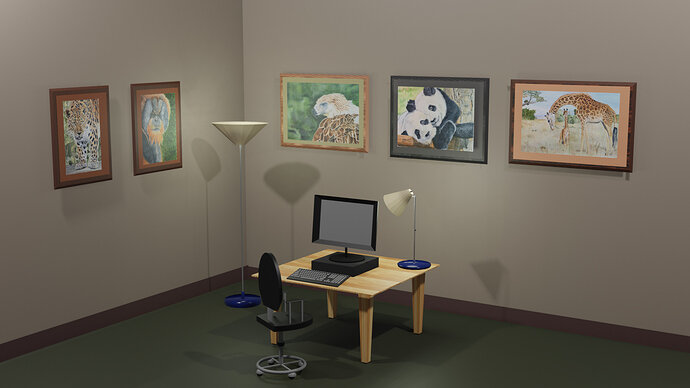 office with lamps and paintings