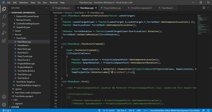 PawnBase.cpp - ToonTanks (Workspace) - Visual Studio Code 20_08_2021 17_26_14
