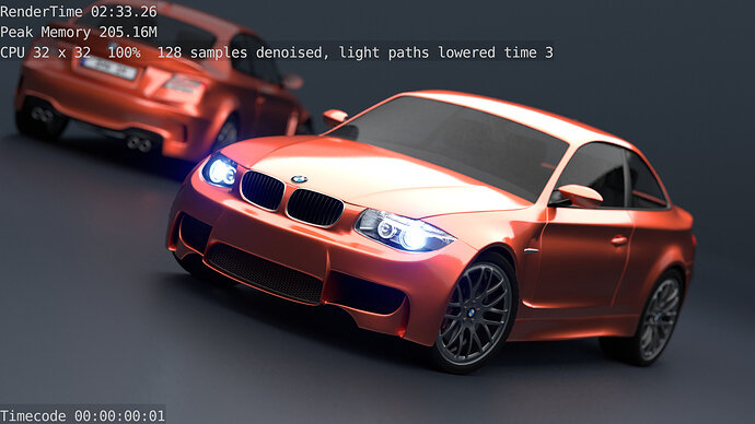 BMW CPU 100% 128 samples denoised, light paths lowered 3 times