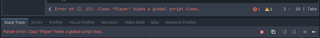 Godot 4: Error at (2, 12) Class Player hides a global script class ...