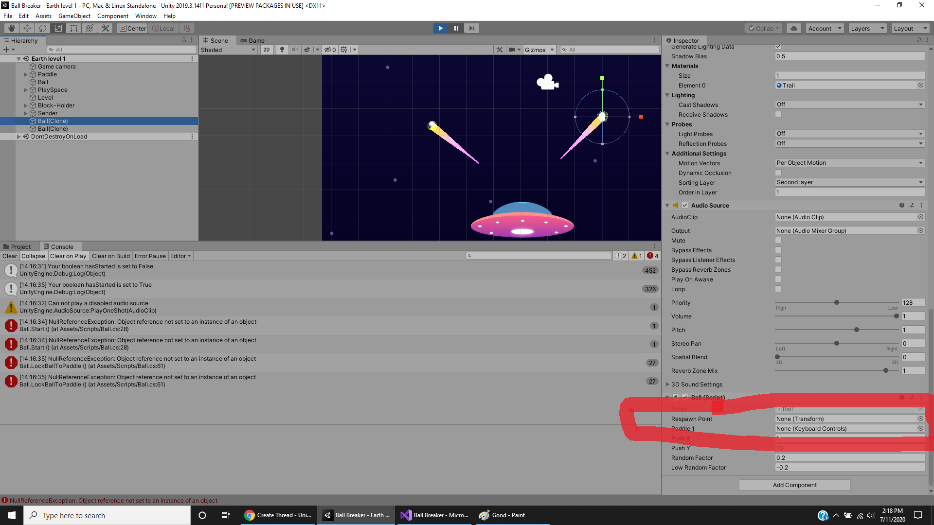 Brick breaker locking ball upon dying - Ask - GameDev.tv